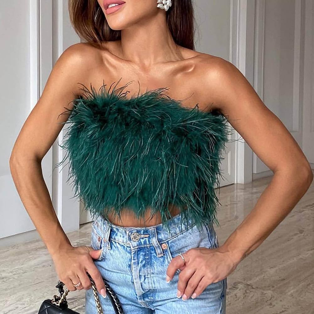 Tube Top Women Sexy Bandeau Crop Tops Faux-Feather Strapless Fuzzy