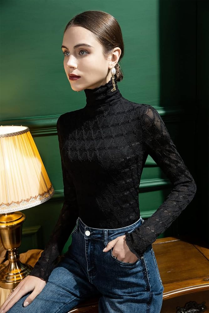 Women's See Through Long Sleeve Turtleneck Sheer Floral Lace