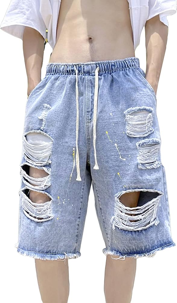 DGHM-JLMY Men's Elastic Waist Ripped Denim Shorts Raw Hem