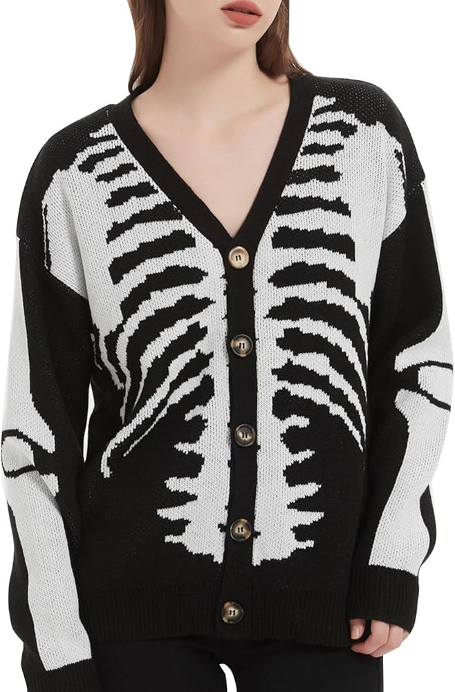 Flygo Womens Skeleton Print Sweater V Neck Button Down Cardigan