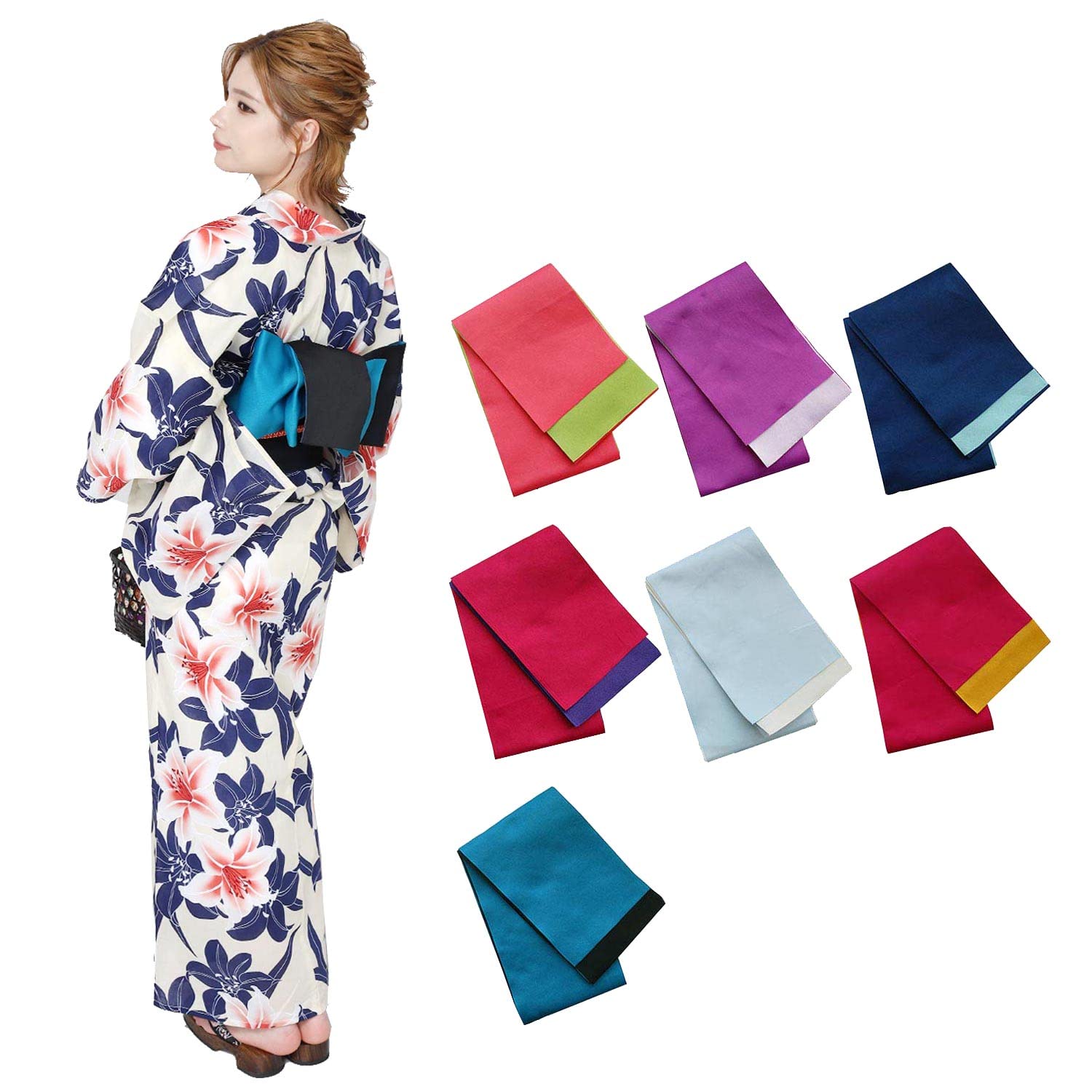 Amazon | 浴衣帯 リバーシブル帯 半幅帯 日本製 全7柄 黒 ローズ 紫 白