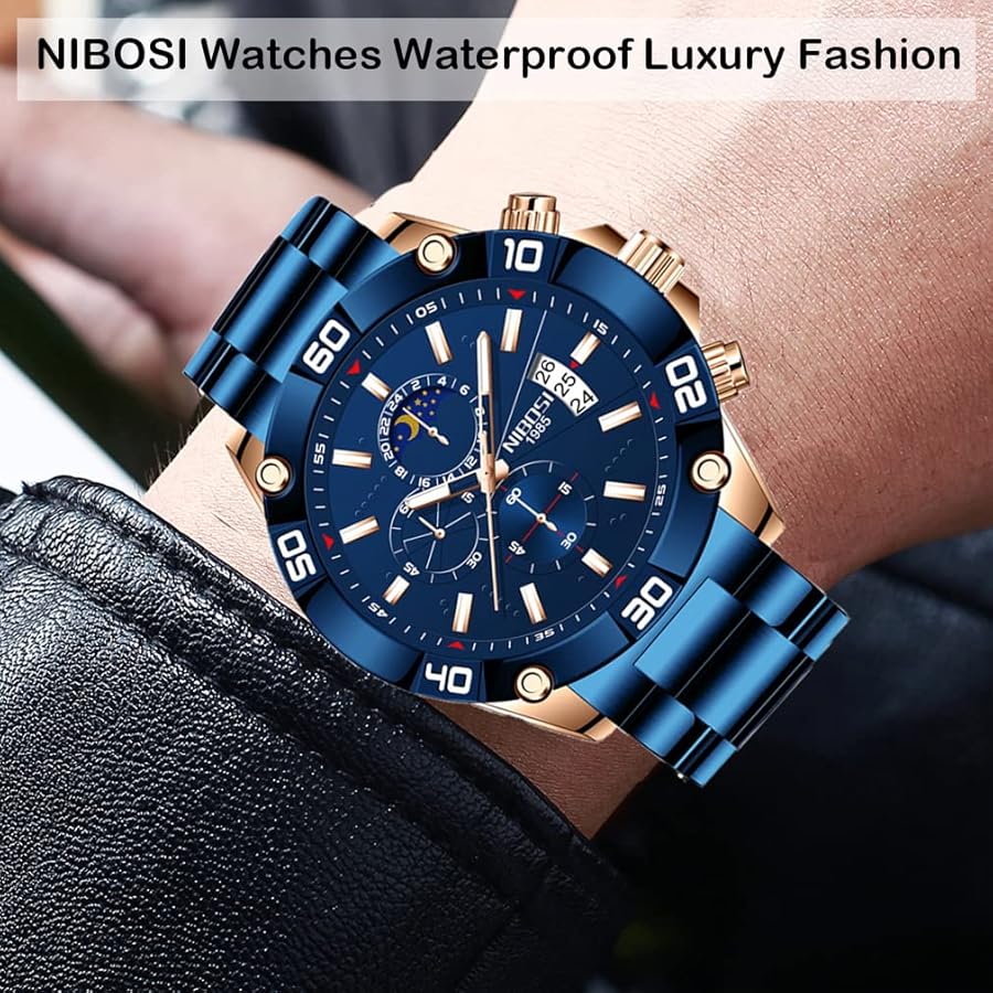 Amazon | 腕時計 メンズ ビッグフェイス ブルー うで時計 防水 クロノ