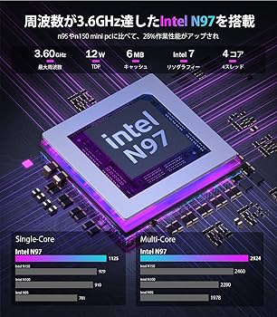 Amazon.co.jp: ミニpc 第12世代 n97【N150より速い】mini pc 4コア/4