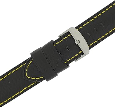 Amazon | 24 mm時計バンドロングブラックレザーイエローステッチ入り