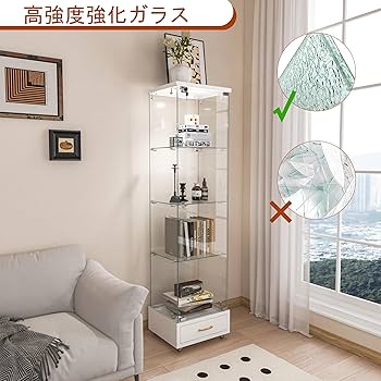 Amazon.co.jp: ガラスディスプレイキャビネット LED照明 鍵付き 4段