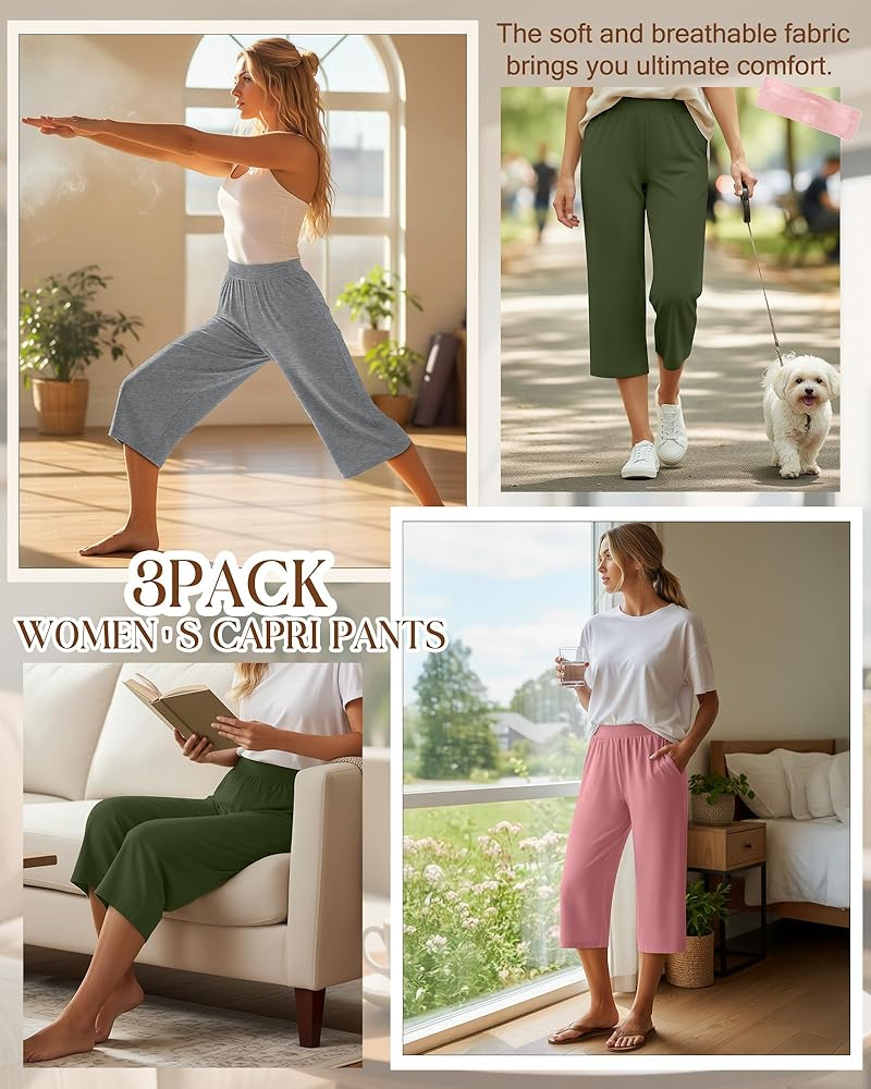 Huukeay 3 Pack Women's Capri Sweatpants, Cozy Wide Legs Cropped