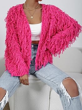 JIpoon Women's Shaggy Knit Duster Cardigan (Color : Hot Pink, Size
