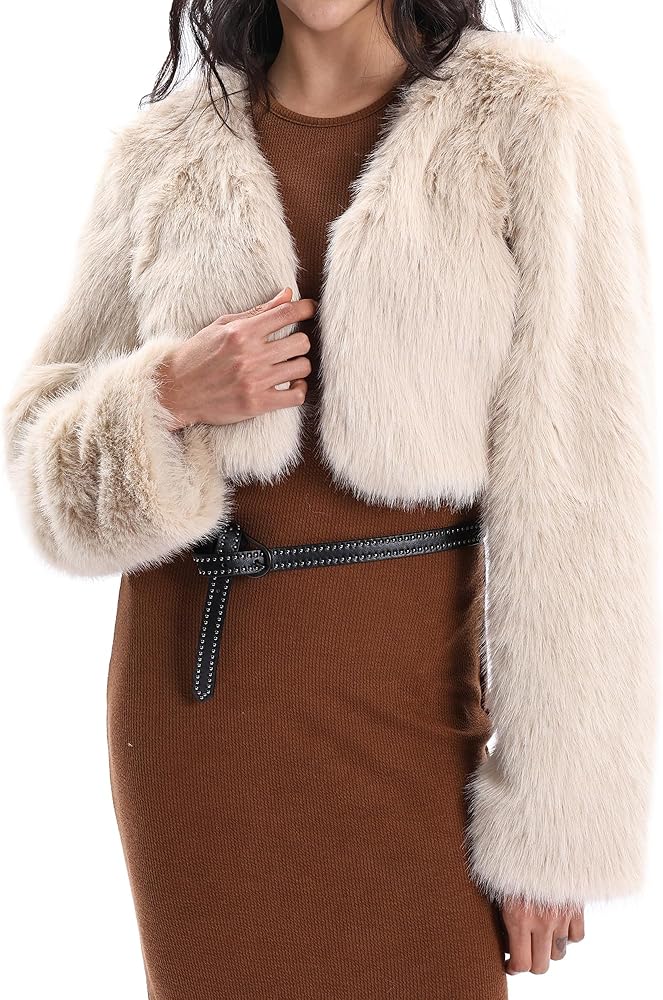 Xintianji Womens Faux Fur Cropped Jacket - Open Front Long Sleeve