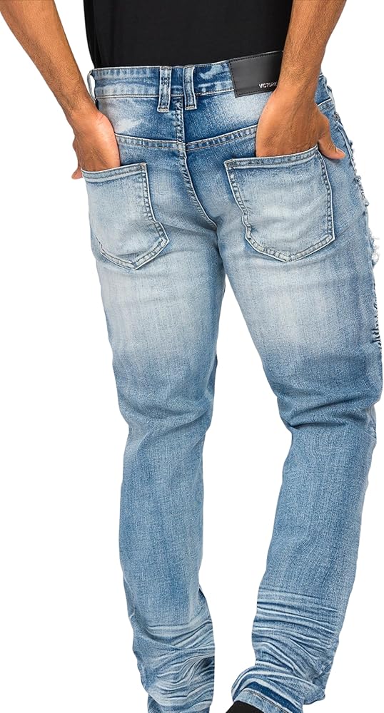 VICTORIOUS Men's Distressed Faded Stacked Moto Biker Denim Jeans