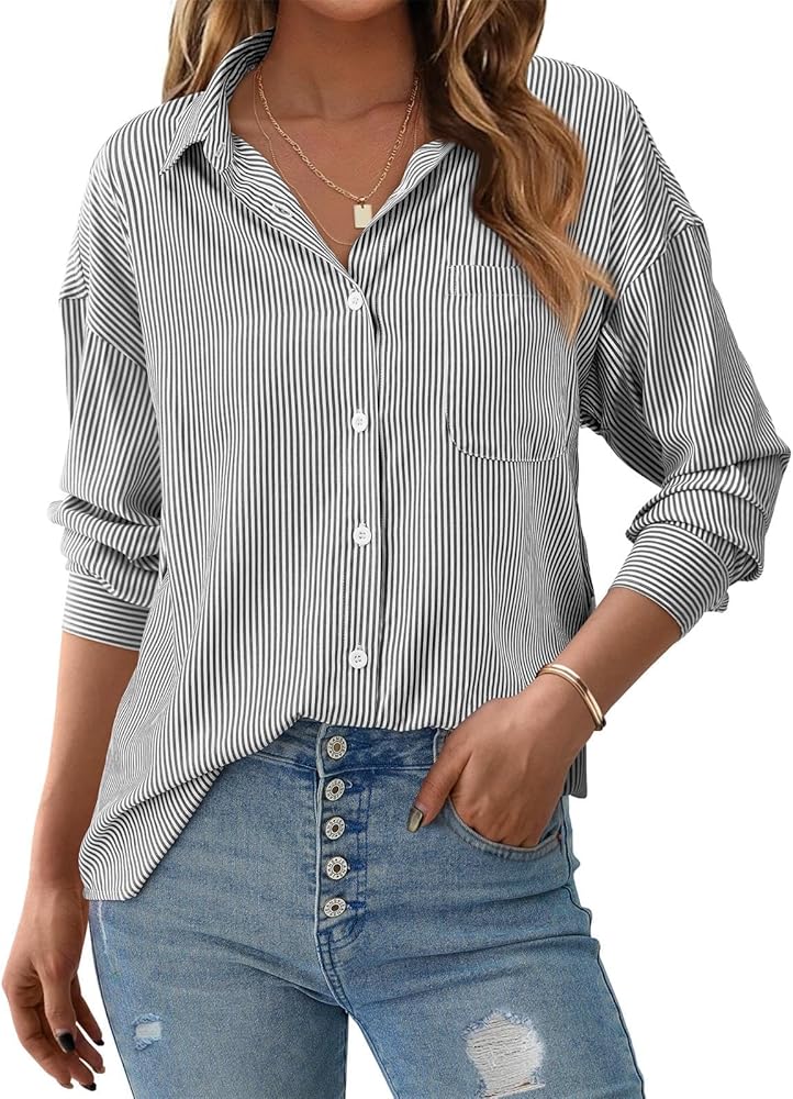 PRETTYGARDEN Womens Button Down Shirts Striped Long Sleeve