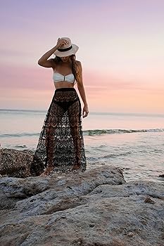 CLARA Women High Waist Mesh Maxi Skirt See-Through Beach Long