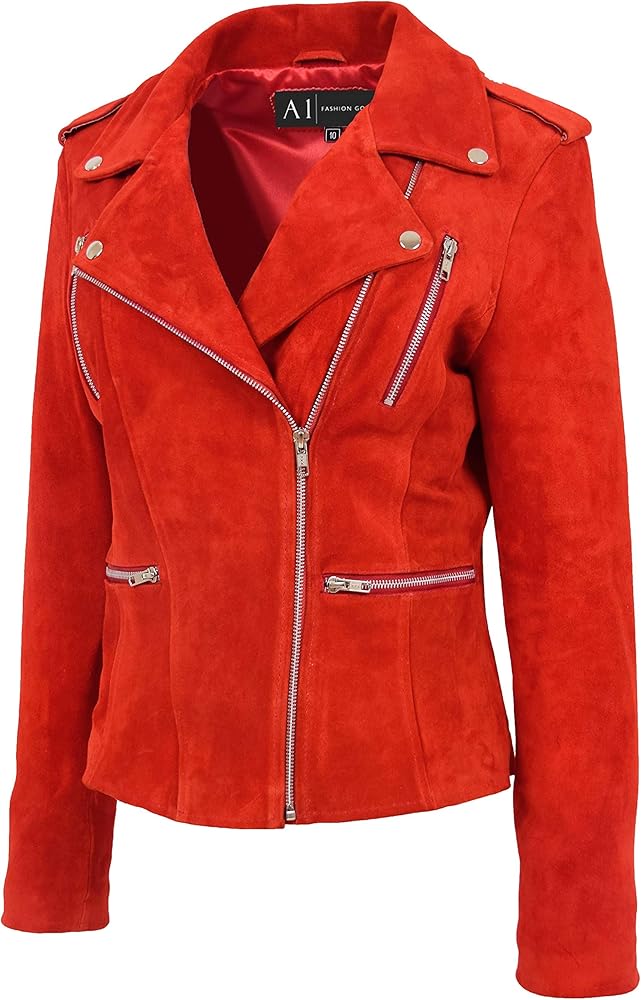 A1 FASHION GOODS Womens Genuine RED Suede Biker Jacket Girls
