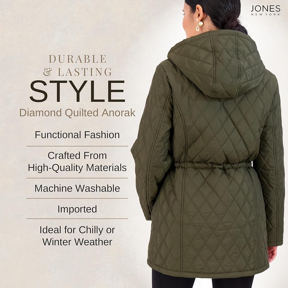 Jones New York Diamond-Quilted Jacket Anorak with Fur Lining