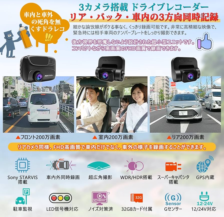 Amazon.co.jp: URVOLAX ドライブレコーダー 3カメラ 前後カメラ・車内