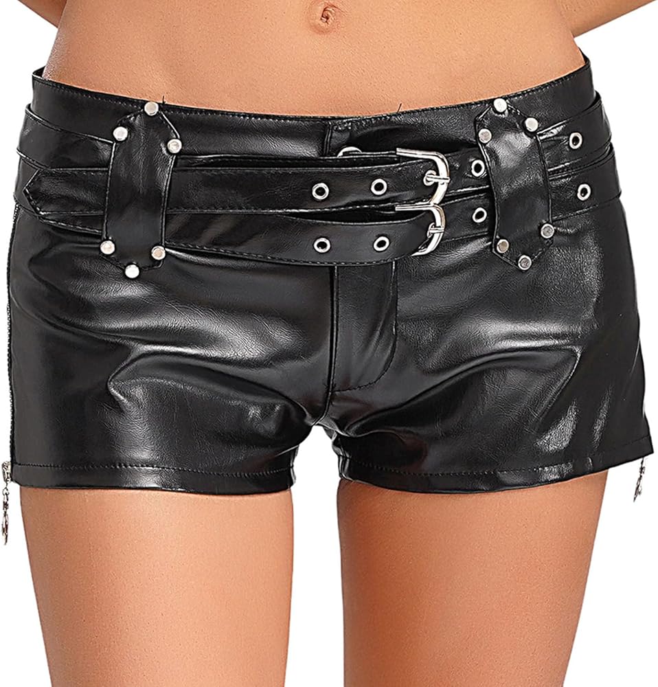 Linjinx Women's Faux Leather Low Waist Skinny Shorts Wide Straight