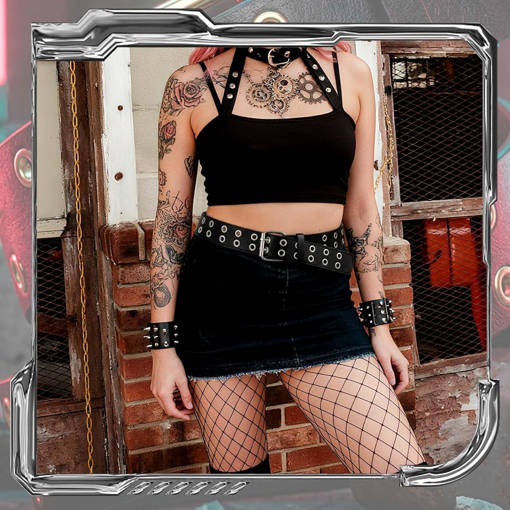 XZQTIVE Double Grommet PU Leather Belt for Women Men Punk metal