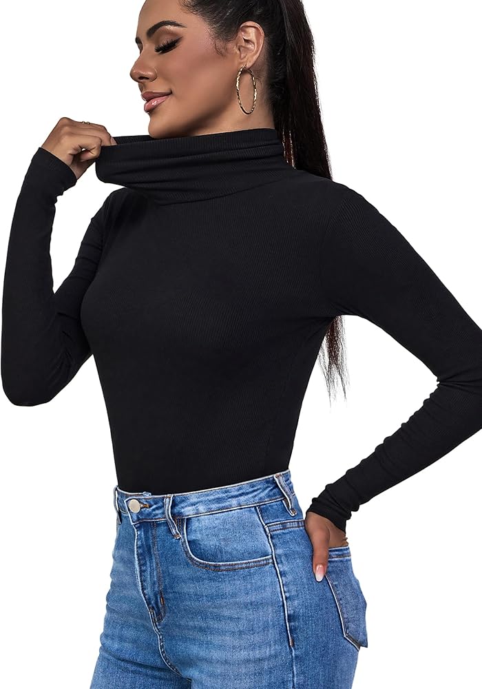 Black Ribbed Turtle Neck Tops for Women(Black X-Small) at Amazon