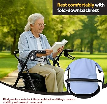 LIVINGbasics Folding Walker with Seat,4-Wheels Rollator with Under