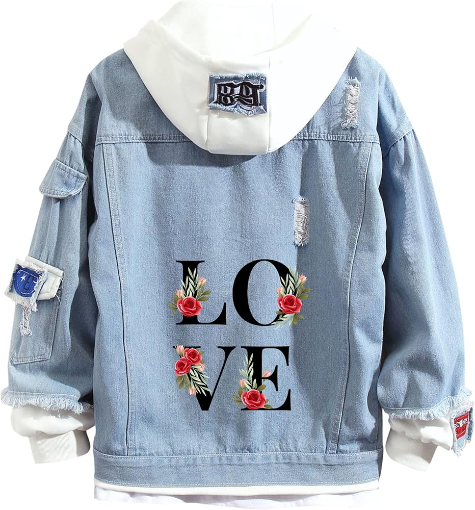 Lpstop Teen Blue Jean Jacket LOVE-ROSE Denim Hoodies Y2K Fashion