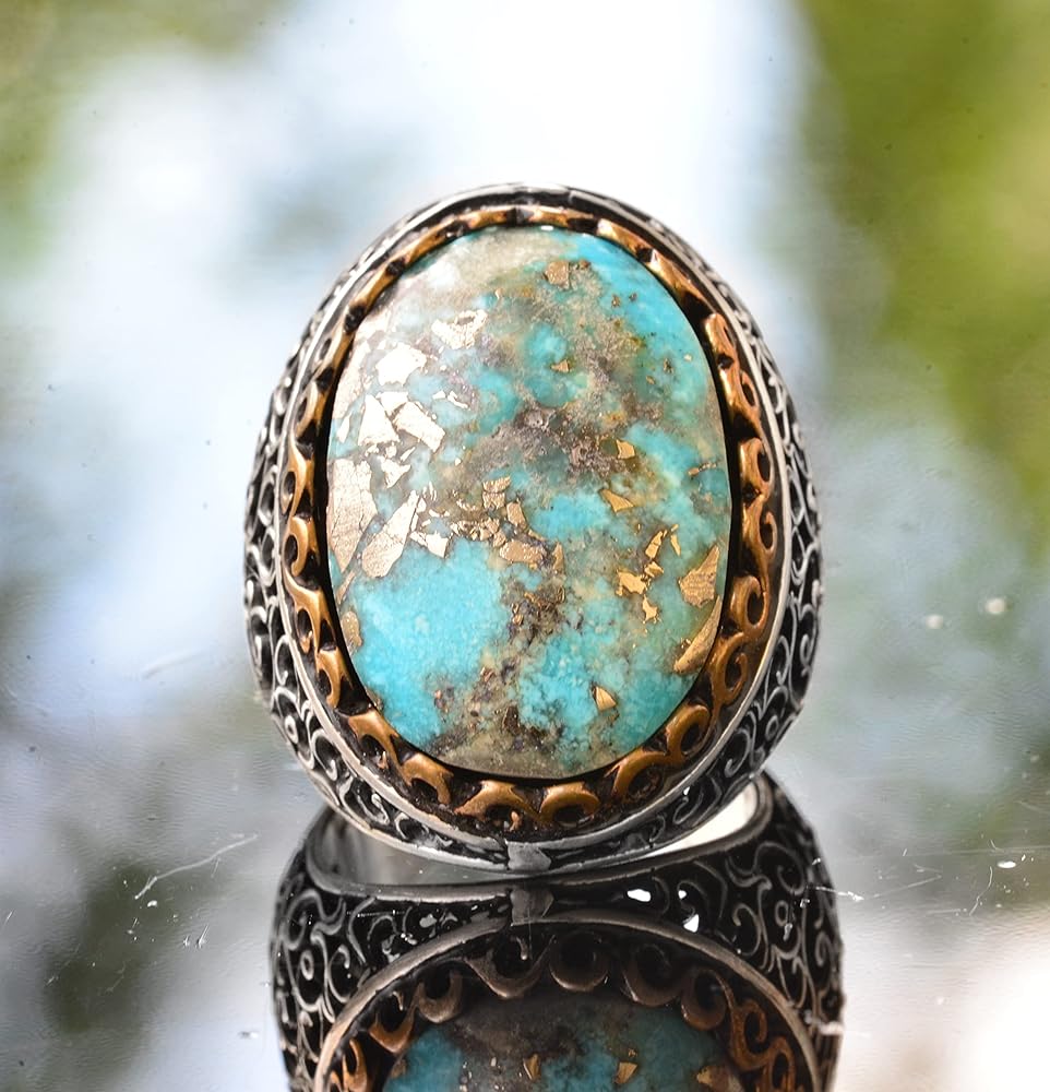 925 Sterling Silver Real Arizona Turquoise Gemstone Men's Ring