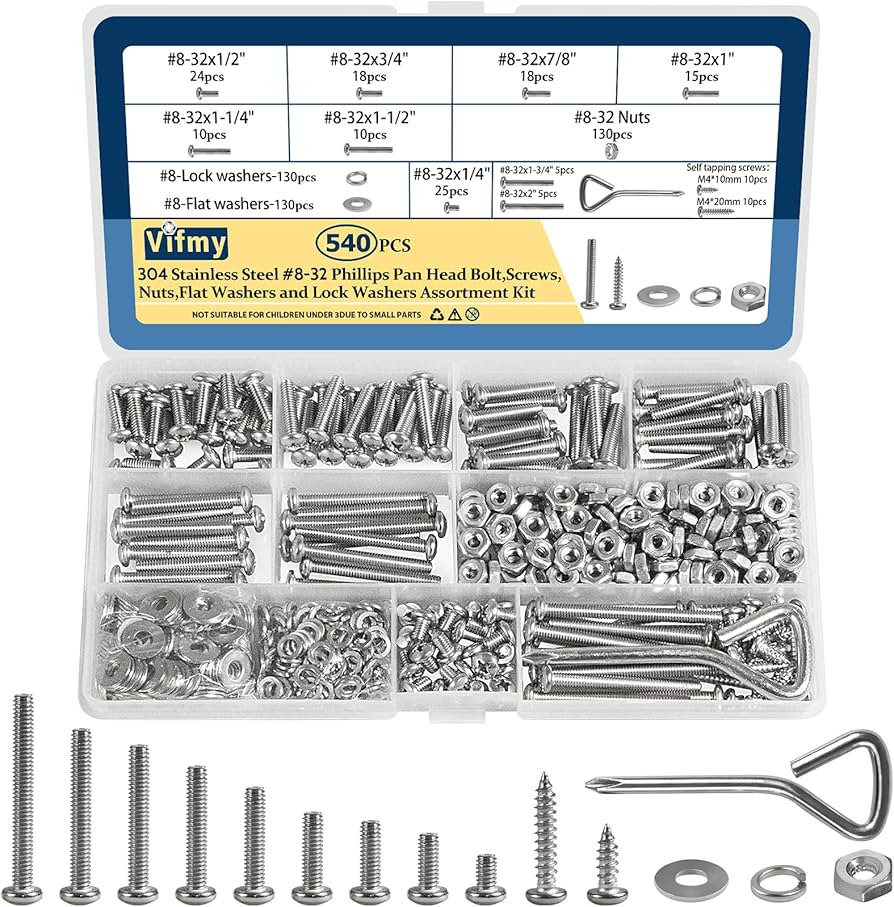 Vifmy 540 Piece #8-32 Phillips Pan Head Machine Screws Bolt