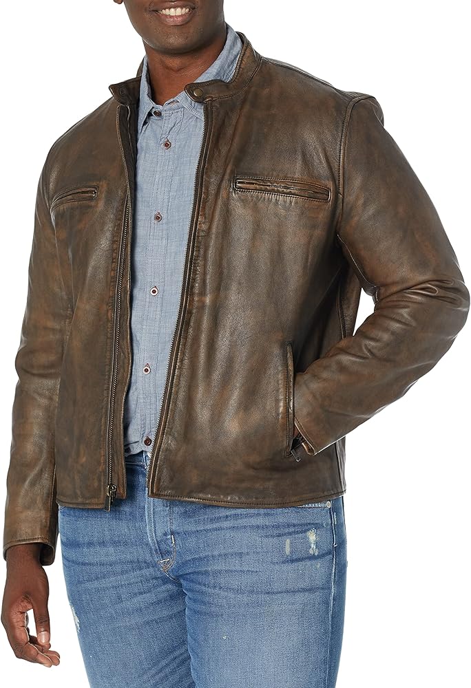 Lucky Brand Men's Zip Front Vintage Leather Jacket at Amazon Men's