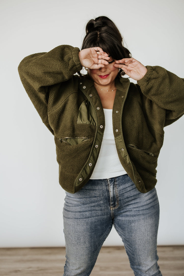 Oversized Fleece Jacket- Olive – Mindy Mae's Market