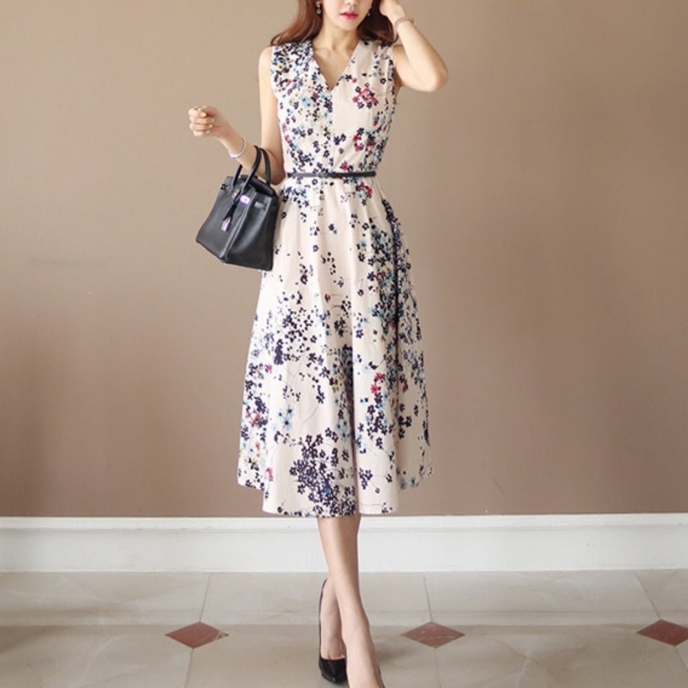 花柄ノースリーブVネックワンピース｜オフィスカジュアル レディース