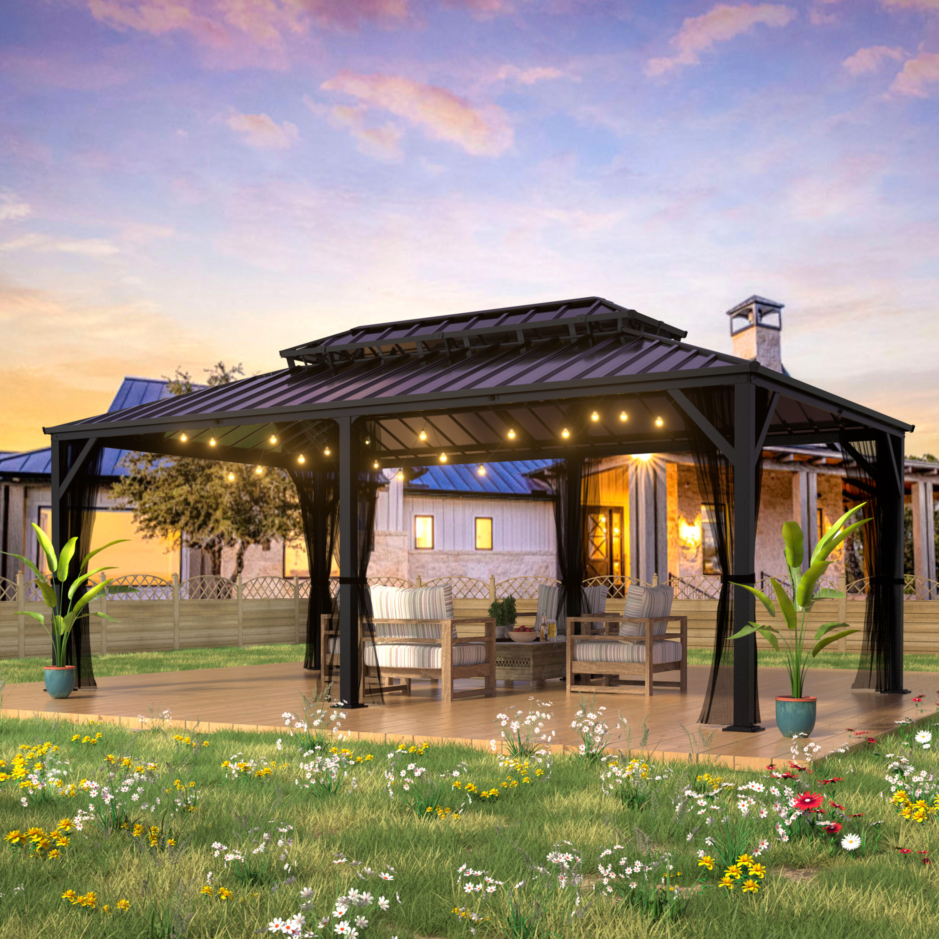 VEIKOUS 20-ft x 12-ft Hard top Black Gazebo with Hardtop Roof