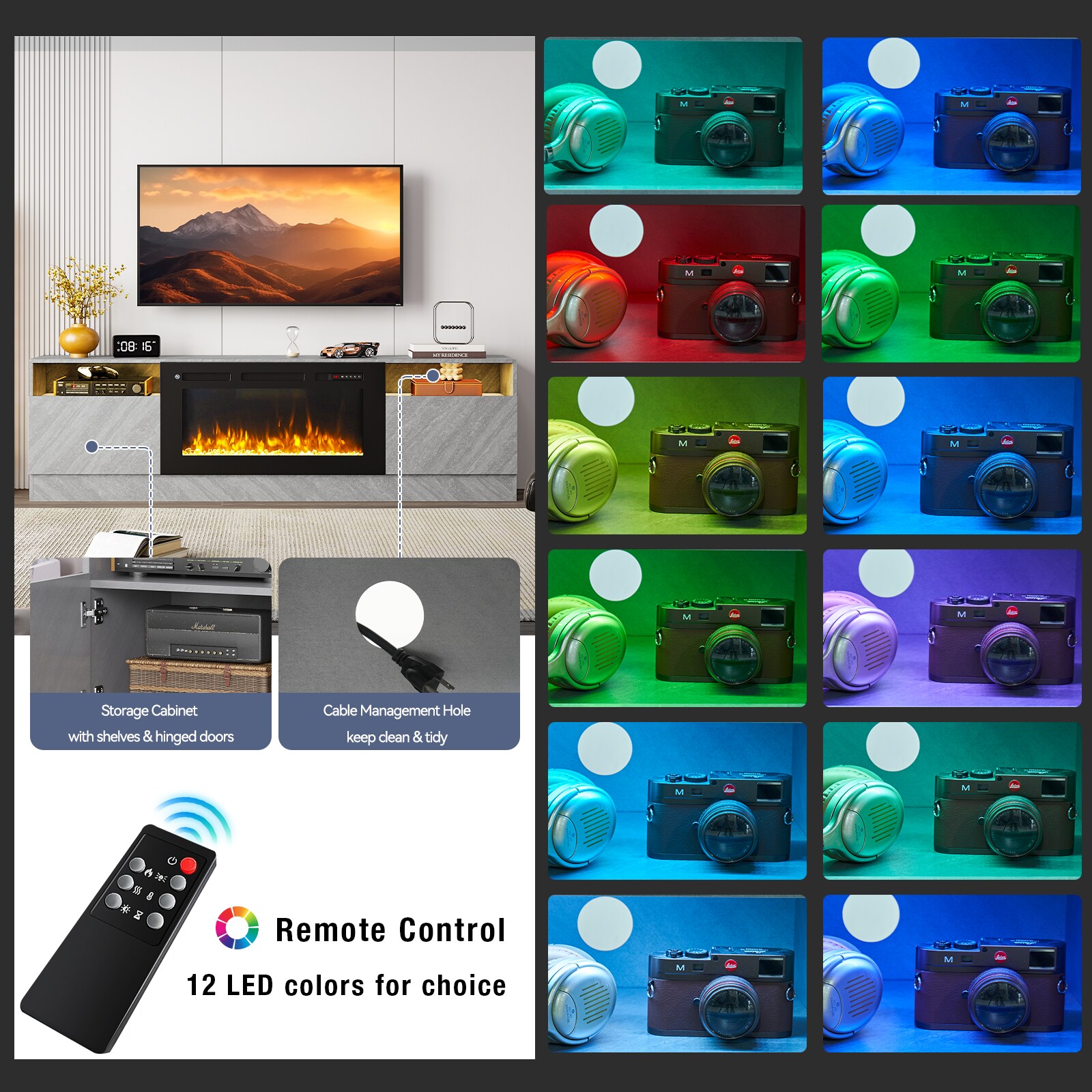 AOXUN 70-in W Black TV Stand with LED Flat Wall Electric Fireplace