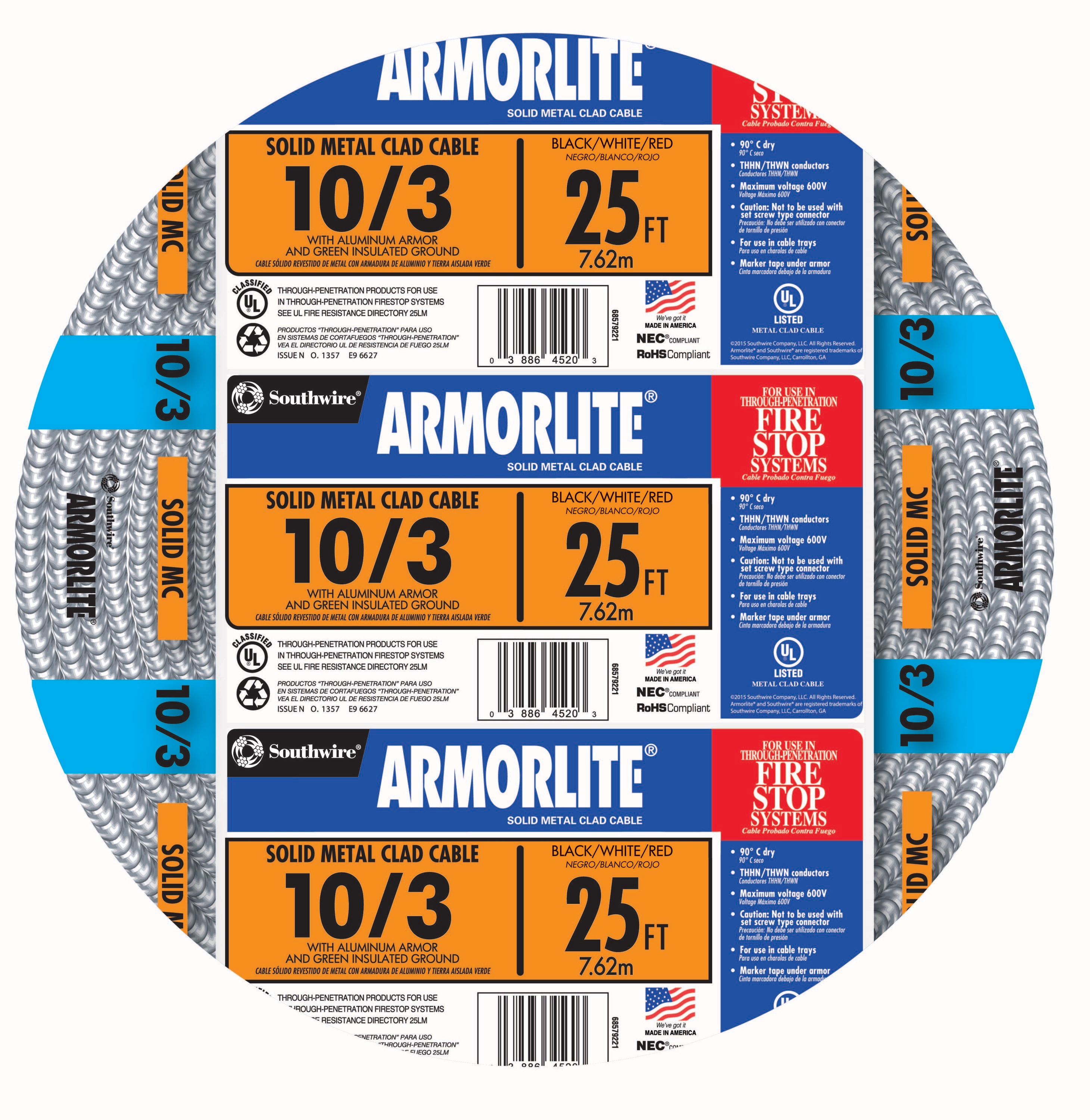 Southwire Armorlite 25-ft 10/3 Solid Aluminum MC (Metal Clad