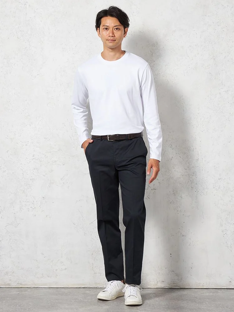 ブラウン 【ノータック】チノパン 折り目加工 無地 カジュアルパンツ