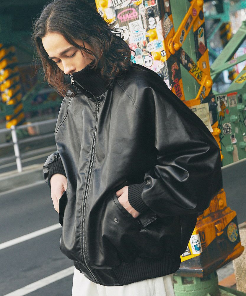 オーバーサイズリブハイネック フェイクレザー/ダック ブルゾン | MSG