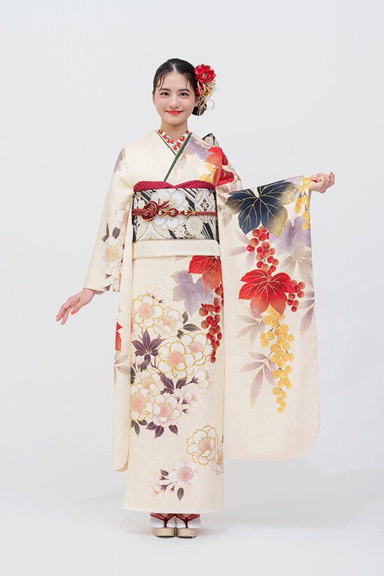 京都きもの友禅の振袖 /白色/ベージュ色/レトロ/桜柄/ No.1059 正絹 京