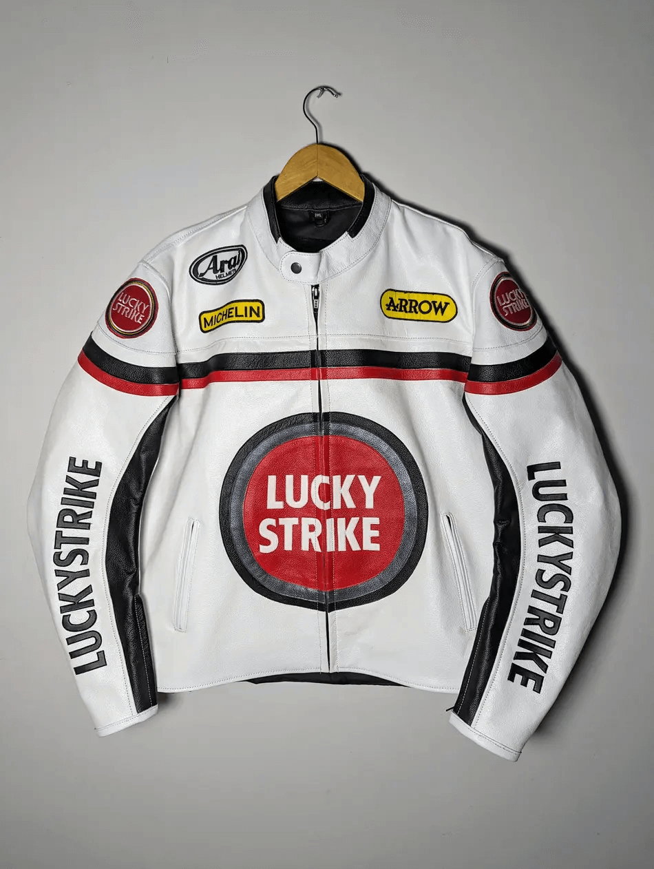 Lucky Strike Leather Jacket - White Moto Racing Leather Jacket