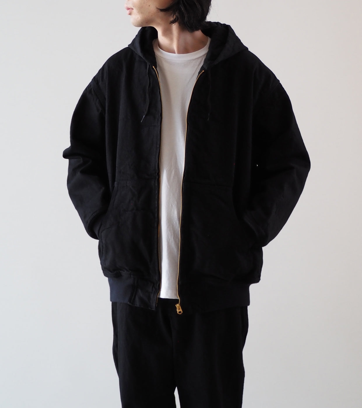 COMOLI ブラック デニム ジップ パーカ , Black – Navyblue