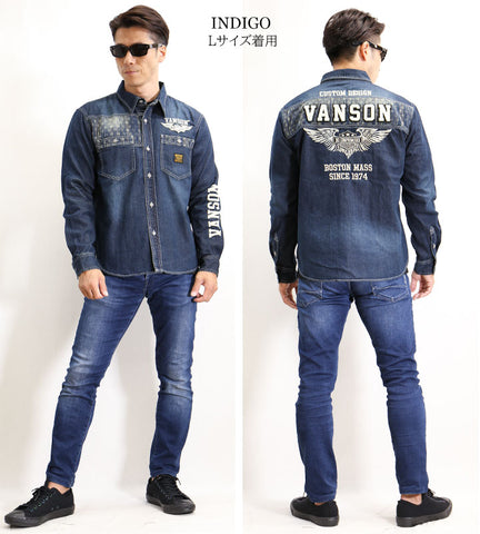 VANSON（バンソン）刺し子切り替えデニムシャツ nvsl-2105