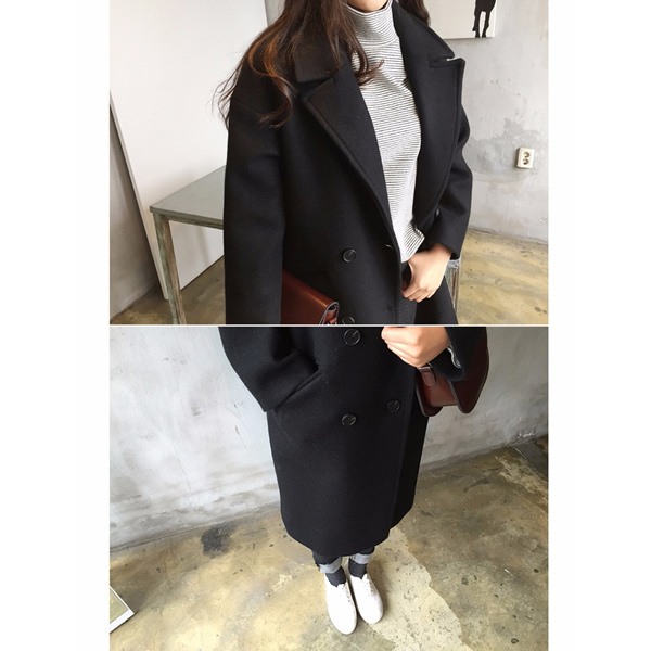 Newjoy / シンプル ダブルチェスターコート 中綿 ブラック/キャメル