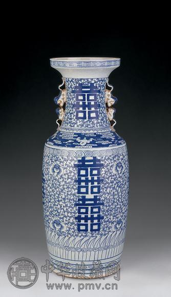 中国 青花 喜字文雙耳瓶 V 3907B 高さ約42cm 幅約21cm 口外径約