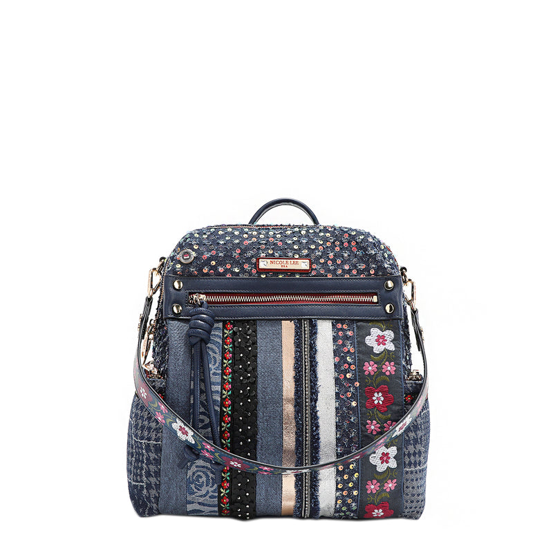 Patch Flower Backpack, Embellished with iridescent sequins, thread