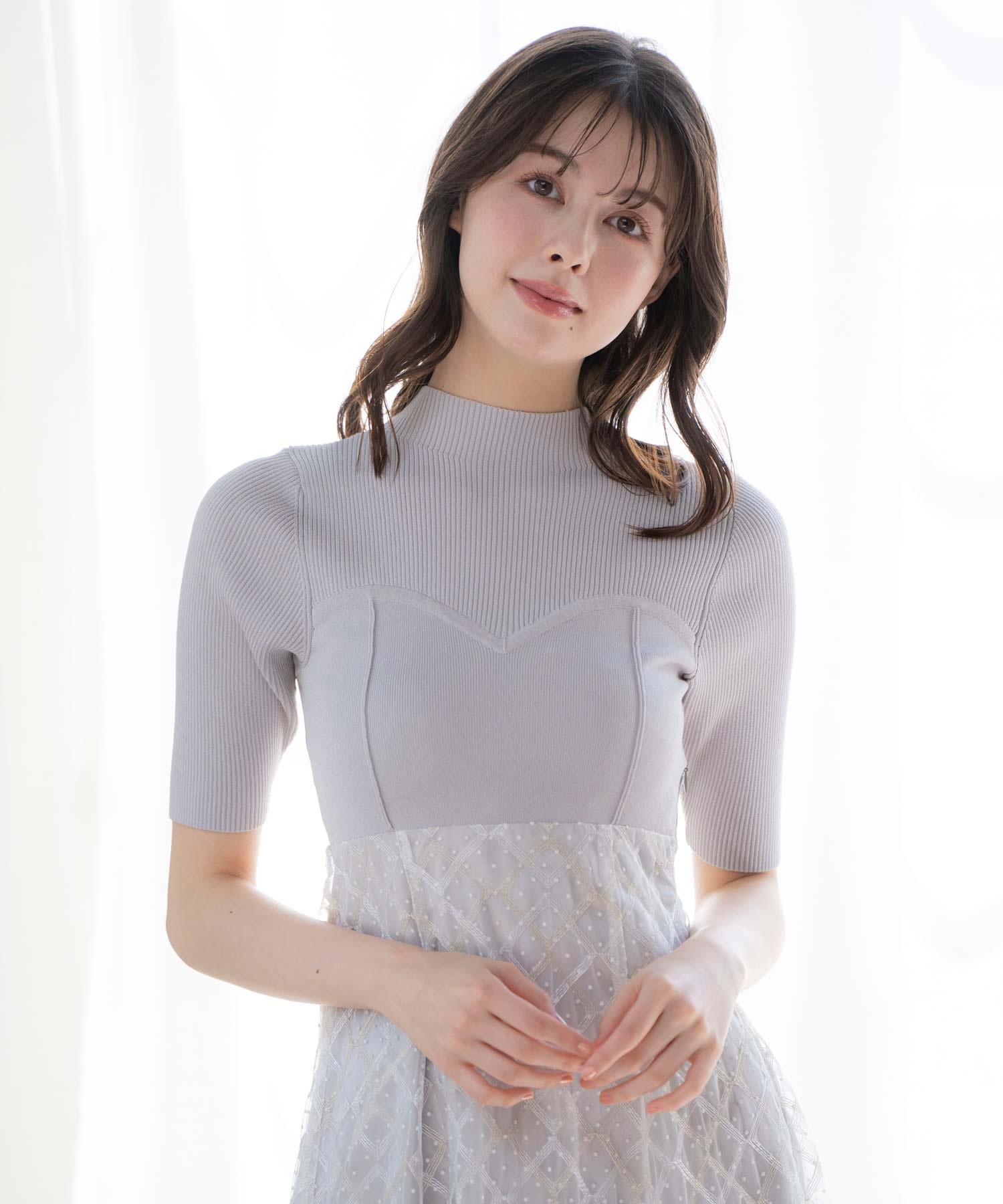 ラメチェックハーフスリーブドッキングニットワンピース | ニット