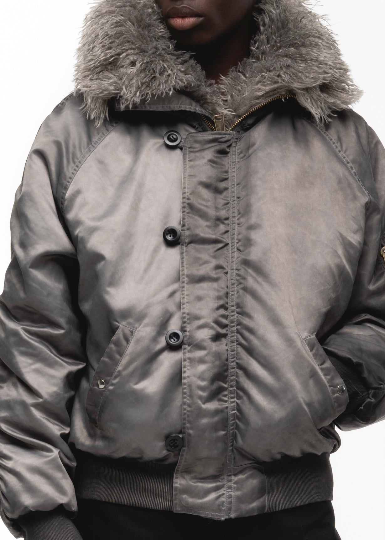 ASTRO FUR BOMBER JACKET GREY – NO/FAITH STUDIOS