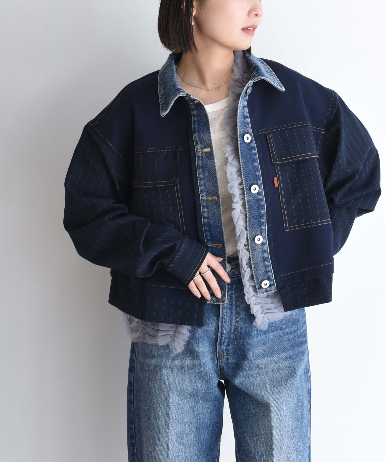 デニムトリム ダンボール&ストライプジャケット Eimee Law│Eimee Law