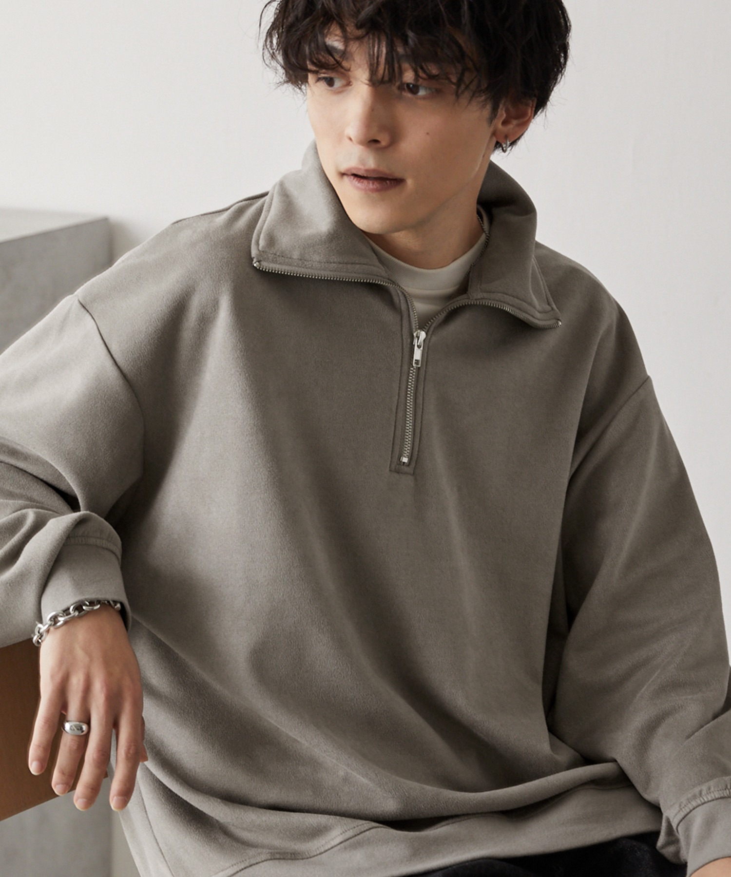 ハーフジップ ビッグカラー ルーズブラッシュドプルオーバー MONO-MART