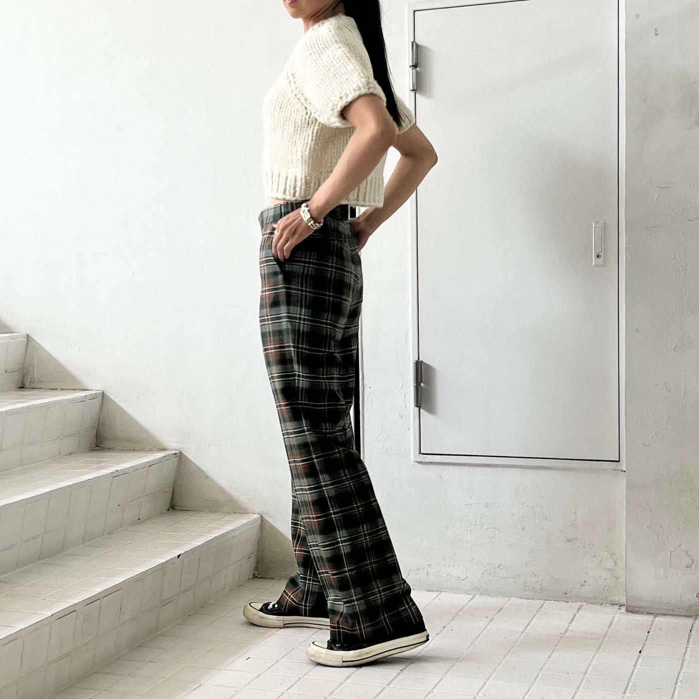 FUMIKA UCHIDA】 HAND KNITTED SHORT SLEEVE SWEATER / TARTAN PLAID