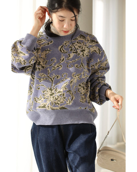 エレガントな花柄のモールジャガードニットプルオーバートップス – ONE
