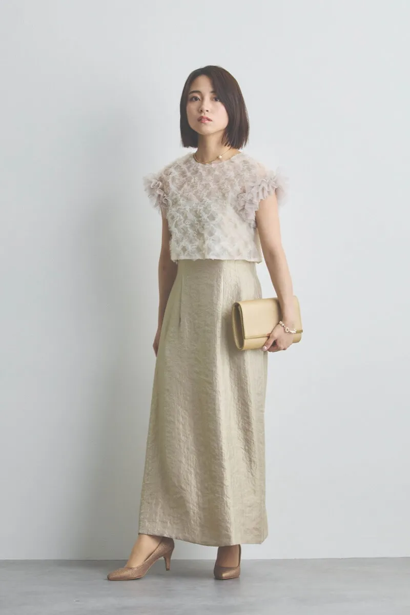 ベージュのボリュームチュールブラウスセットドレス[M] kaeneの