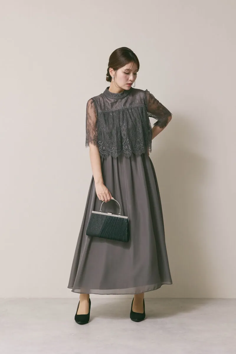 チャコールグレーの授乳口付ハイネックレースドレス[L,マタニティ