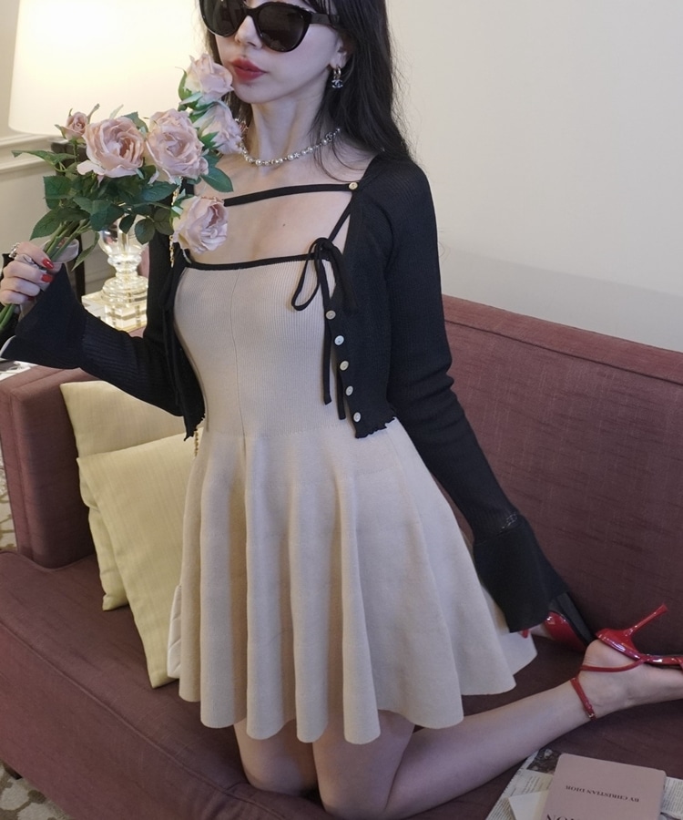 ribbon onepiece×flare sheer cardigan set(M BLACK): ワンピース