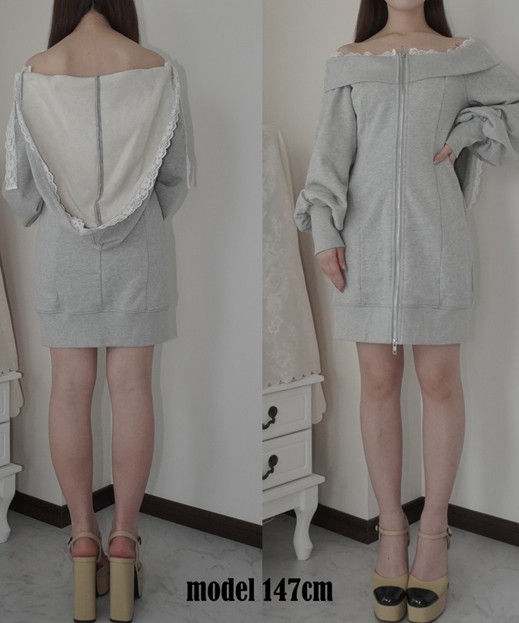 lace hoodie offshoulder mini onepiece(M GRAY): ワンピース｜PMbox